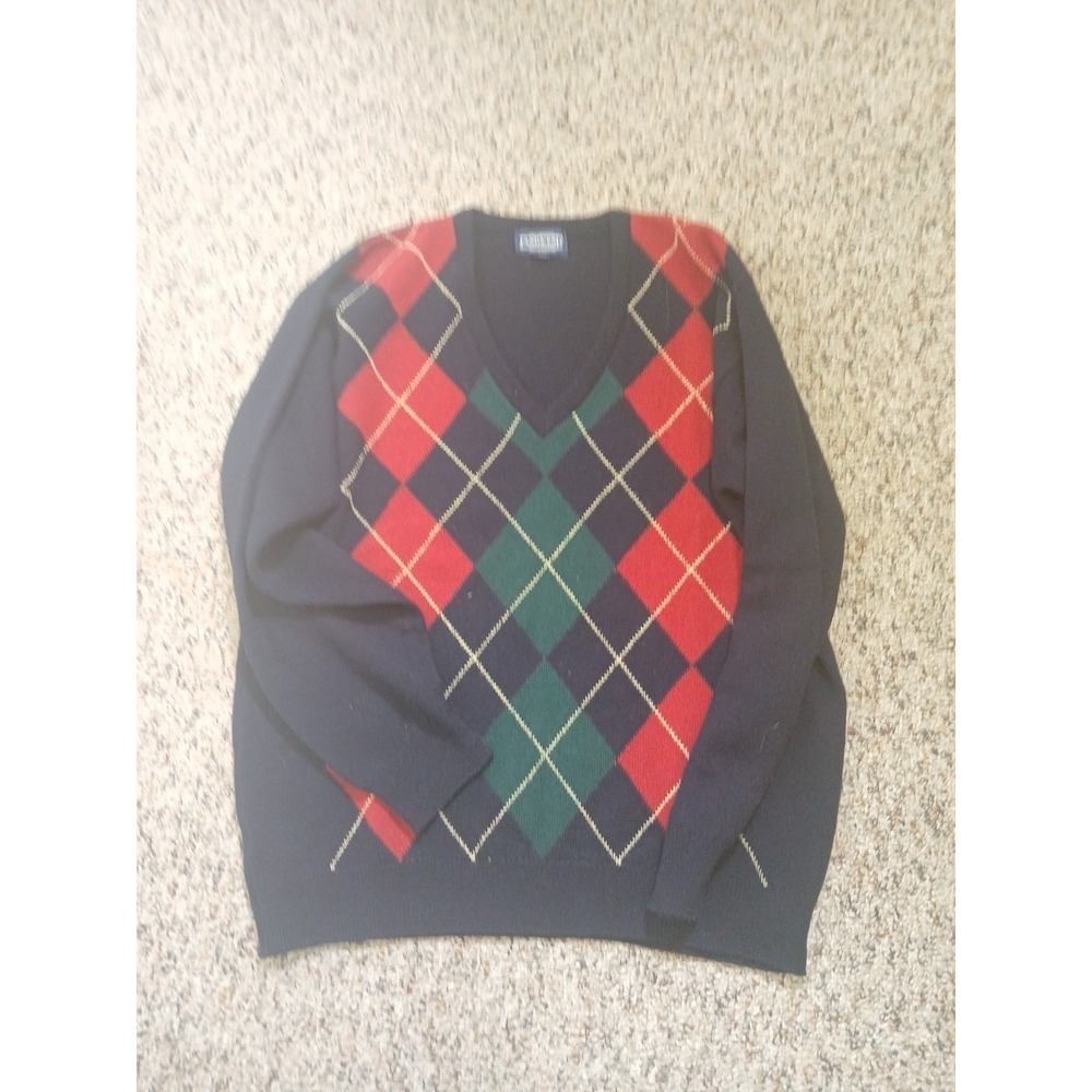Lands End Lambswool Argyle V Neck Sweater Scotland Made Black Red Green Medium